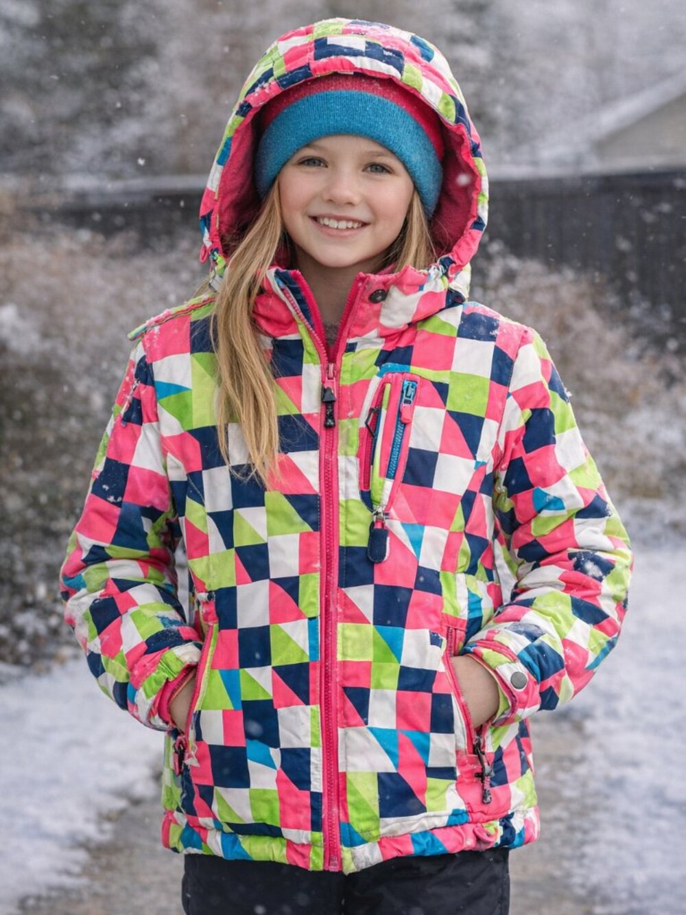 Kuluoxing Girls Ski Jacket Size 14 Colorful Geometric Fleece Lined Hooded Winter